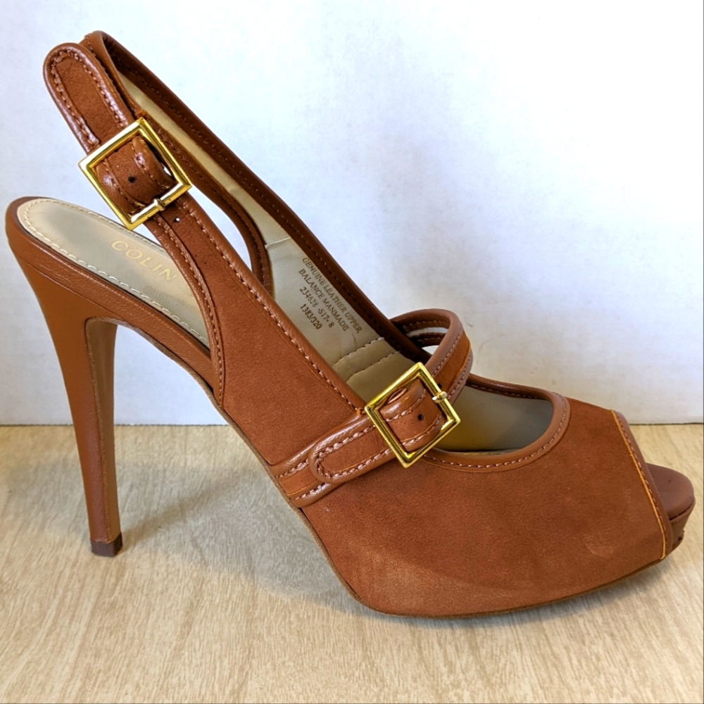 Colin Stuart Brown Tan Baby Jane Maple Heels Peep-Toe Slingback Size 8